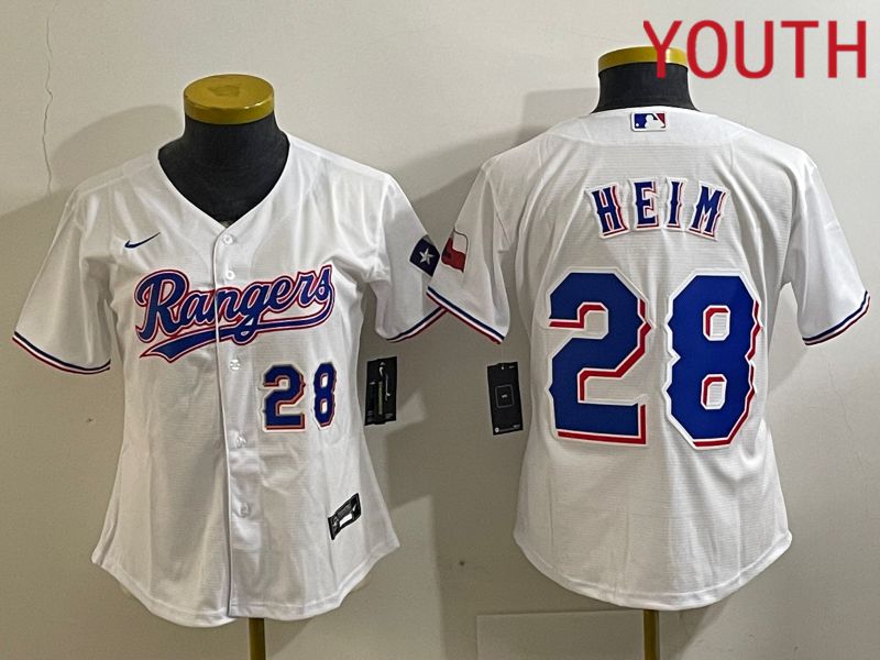 Youth Texas Rangers #28 Heim White Nike Game 2024 MLB Jersey style 2